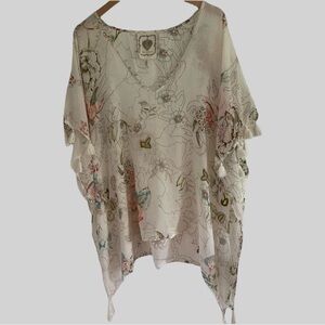 Z&L Lightweight Floral Print V-Neck Swim Cover-Up with Tassels in Off White